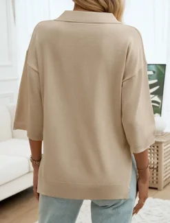 Women's Shirt Blouse Solid Color Basic Casual 3/4 Length Sleeve Shirt Collar Regular Tops Daily Yellow Blue Beige Summer Spring Fall