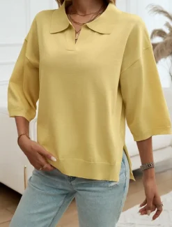 Women's Shirt Blouse Solid Color Basic Casual 3/4 Length Sleeve Shirt Collar Regular Tops Daily Yellow Blue Beige Summer Spring Fall
