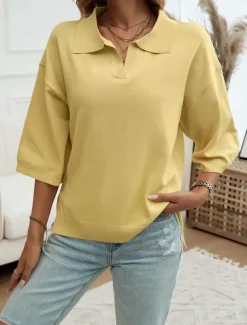 Women's Shirt Blouse Solid Color Basic Casual 3/4 Length Sleeve Shirt Collar Regular Tops Daily Yellow Blue Beige Summer Spring Fall