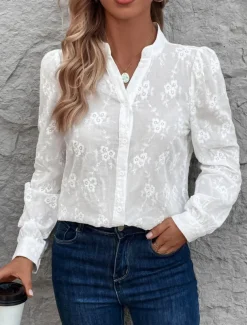 Women's Shirt Blouse Solid Color Stylish Casual Long Sleeve Notched Neck Regular Tops Daily Lace Patchwork White Summer Spring
