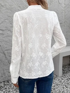 Women's Shirt Blouse Solid Color Stylish Casual Long Sleeve Notched Neck Regular Tops Daily Lace Patchwork White Summer Spring