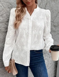 Women's Shirt Blouse Solid Color Stylish Casual Long Sleeve Notched Neck Regular Tops Daily Lace Patchwork White Summer Spring