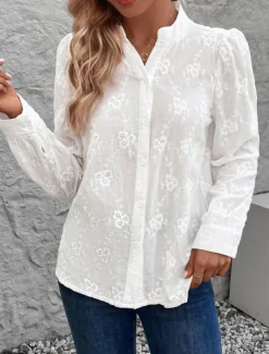 Women's Shirt Blouse Solid Color Stylish Casual Long Sleeve Notched Neck Regular Tops Daily Lace Patchwork White Summer Spring