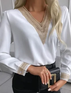 Women's Shirt Blouse Solid Color Stylish Casual Long Sleeve V Neck Regular Tops Daily Lace Patchwork Black White Summer Spring Fall