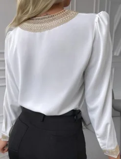 Women's Shirt Blouse Solid Color Stylish Casual Long Sleeve V Neck Regular Tops Daily Lace Patchwork Black White Summer Spring Fall