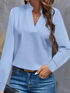 Women's Shirt Blouse Solid Color Daily Stylish Casual Long Sleeve V Neck Regular Tops Daily Black White Blue Fall Winter