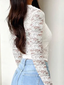Women's Shirt Blouse Solid Color Elegant Ladies Long Sleeve Halter Neck Regular Tops Daily Lace Patchwork White Spring Fall