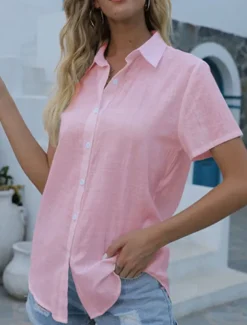 Women's Shirt Blouse Solid Color Daily Stylish Casual Short Sleeve Shirt Collar Regular Tops Daily Linen Like Buttons Black White Pink Gray Summer Spring
