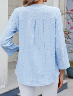 Women's Shirt Blouse Solid Color Basic Casual Long Sleeve V Neck Regular Tops Daily Eyelet Black White Blue Spring Fall