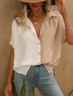Women's Shirt Blouse Solid Color Stylish Casual Short Sleeve Shirt Collar Regular Tops Daily Buttons Black White Summer Spring
