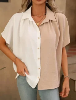 Women's Shirt Blouse Solid Color Stylish Casual Short Sleeve Shirt Collar Regular Tops Daily Buttons Black White Summer Spring