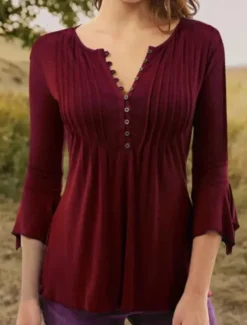 Women's Shirt Blouse Streetwear Casual 3/4 Length Sleeve Shirt Collar Regular Tops Holiday Weekend Pleated Red