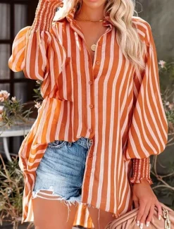 Women's Shirt Blouse Striped Stylish Casual Long Sleeve Shirt Collar Regular Tops Daily Pocket Print White Orange Summer Spring