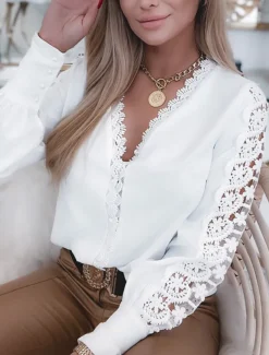 Women's Shirt Blouse White Eyelet Tops Black White Pink Plain Lace Cut Out Long Sleeve Work Daily Business Elegant Casual V Neck Regular S