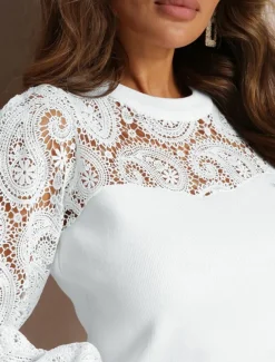 Women's Shirt Boho Shirt Blouse Solid Color Business Modern Casual Long Sleeve Crew Neck Regular Tops Work Formal Wear Lace White Beige Summer Spring