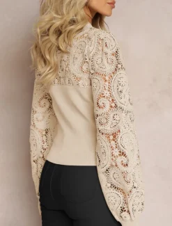 Women's Shirt Boho Shirt Blouse Solid Color Business Modern Casual Long Sleeve Crew Neck Regular Tops Work Formal Wear Lace White Beige Summer Spring