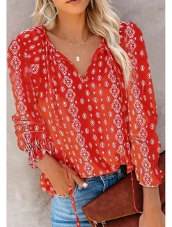Women's Shirt Boho Shirt Blouse Fashion Floral Geometric Lace up Print Long Sleeve Regular Tops V Neck Casual Holiday Black White Pink Wine Red Spring & Fall