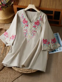 Women's Shirt Boho Shirt Linen-Inspired Shirts Dressy Tops Solid Color Floral Casual Boho 3/4 Length Sleeve Elbow Sleeve Bell Sleeve V Neck Long Tops Vacation Party Daily Embroidered Gray Autumn
