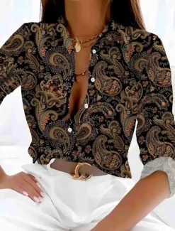 Women's Shirt Button Down Tunic Shirt Collar Long Sleeve Floral Graphic Casual Regular Tops Work Daily s Print Brown Spring Fall Winter