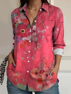 Women's Shirt Button Down Tunic Shirt Collar Long Sleeve Floral Casual Regular Tops Work Daily s Print Pink Spring Fall Winter