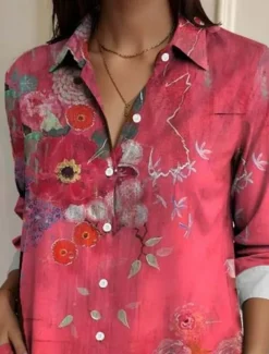 Women's Shirt Button Down Tunic Shirt Collar Long Sleeve Floral Casual Regular Tops Work Daily s Print Pink Spring Fall Winter