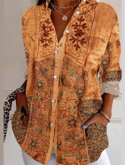 Women's Shirt Button Down Tunic Shirt Collar Long Sleeve Floral Casual Regular Tops Work Daily s Print Yellow Spring Fall Winter