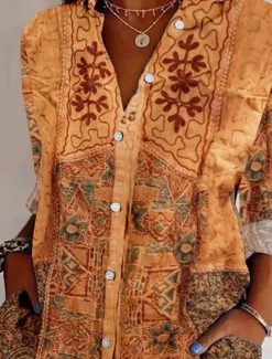 Women's Shirt Button Down Tunic Shirt Collar Long Sleeve Floral Casual Regular Tops Work Daily s Print Yellow Spring Fall Winter