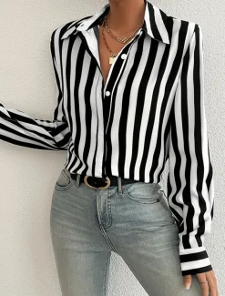 Women's Shirt Button Down Tunic Shirt Collar Long Sleeve Striped Casual Regular Tops Work Daily s Print Black Spring Fall Winter