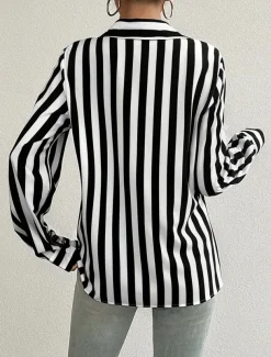 Women's Shirt Button Down Tunic Shirt Collar Long Sleeve Striped Casual Regular Tops Work Daily s Print Black Spring Fall Winter