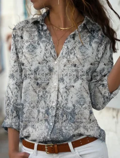 Women's Shirt Button Down Tunic Shirt Collar Long Sleeve Streetwear Casual s Print Regular Tops Daily Weekend Green Khaki Gray Spring Fall