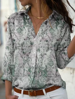 Women's Shirt Button Down Tunic Shirt Collar Long Sleeve Streetwear Casual s Print Regular Tops Daily Weekend Green Khaki Gray Spring Fall