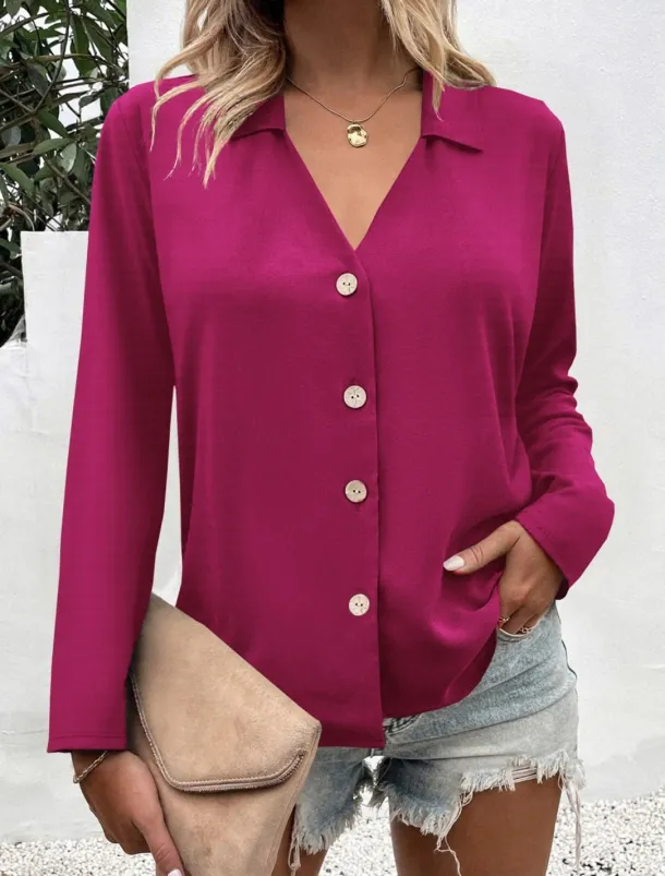 Women's Shirt Button Down Blouse Solid Color Stylish Casual Long Sleeve V Neck Regular Tops Daily Buttons Black White Blue Fuchsia Summer Spring