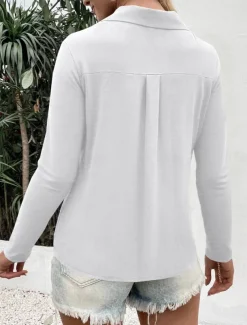 Women's Shirt Button Down Blouse Solid Color Stylish Casual Long Sleeve V Neck Regular Tops Daily Buttons Black White Blue Fuchsia Summer Spring