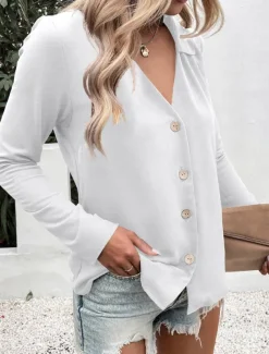 Women's Shirt Button Down Blouse Solid Color Stylish Casual Long Sleeve V Neck Regular Tops Daily Buttons Black White Blue Fuchsia Summer Spring