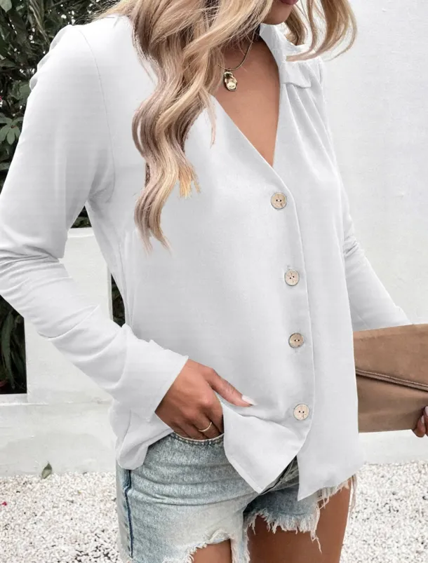 Women's Shirt Button Down Blouse Solid Color Stylish Casual Long Sleeve V Neck Regular Tops Daily Buttons Black White Blue Fuchsia Summer Spring