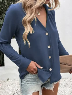 Women's Shirt Button Down Blouse Solid Color Stylish Casual Long Sleeve V Neck Regular Tops Daily Buttons Black White Blue Fuchsia Summer Spring