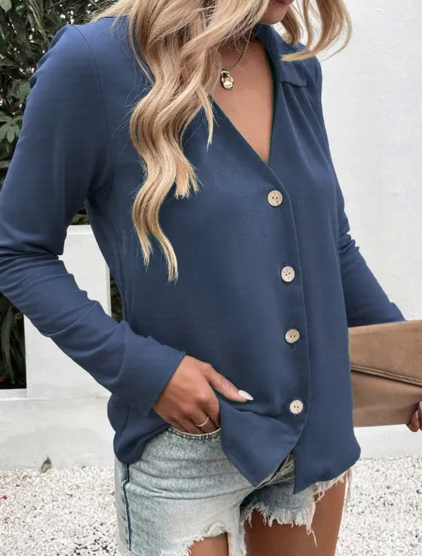 Women's Shirt Button Down Blouse Solid Color Stylish Casual Long Sleeve V Neck Regular Tops Daily Buttons Black White Blue Fuchsia Summer Spring