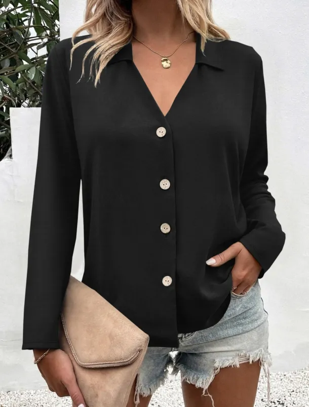 Women's Shirt Button Down Blouse Solid Color Stylish Casual Long Sleeve V Neck Regular Tops Daily Buttons Black White Blue Fuchsia Summer Spring
