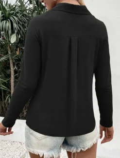 Women's Shirt Button Down Blouse Solid Color Stylish Casual Long Sleeve V Neck Regular Tops Daily Buttons Black White Blue Fuchsia Summer Spring