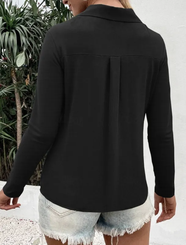 Women's Shirt Button Down Blouse Solid Color Stylish Casual Long Sleeve V Neck Regular Tops Daily Buttons Black White Blue Fuchsia Summer Spring