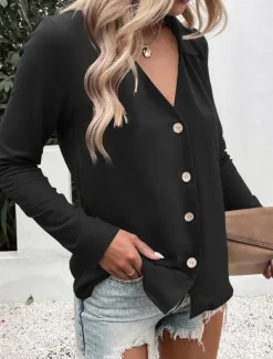 Women's Shirt Button Down Blouse Solid Color Stylish Casual Long Sleeve V Neck Regular Tops Daily Buttons Black White Blue Fuchsia Summer Spring