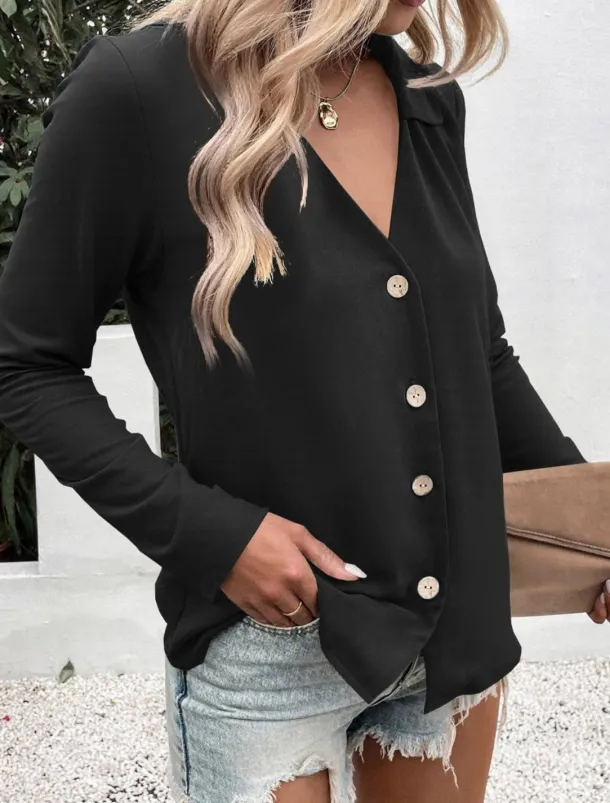 Women's Shirt Button Down Blouse Solid Color Stylish Casual Long Sleeve V Neck Regular Tops Daily Buttons Black White Blue Fuchsia Summer Spring