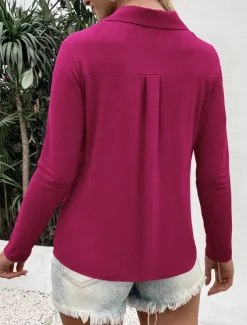 Women's Shirt Button Down Blouse Solid Color Stylish Casual Long Sleeve V Neck Regular Tops Daily Buttons Black White Blue Fuchsia Summer Spring
