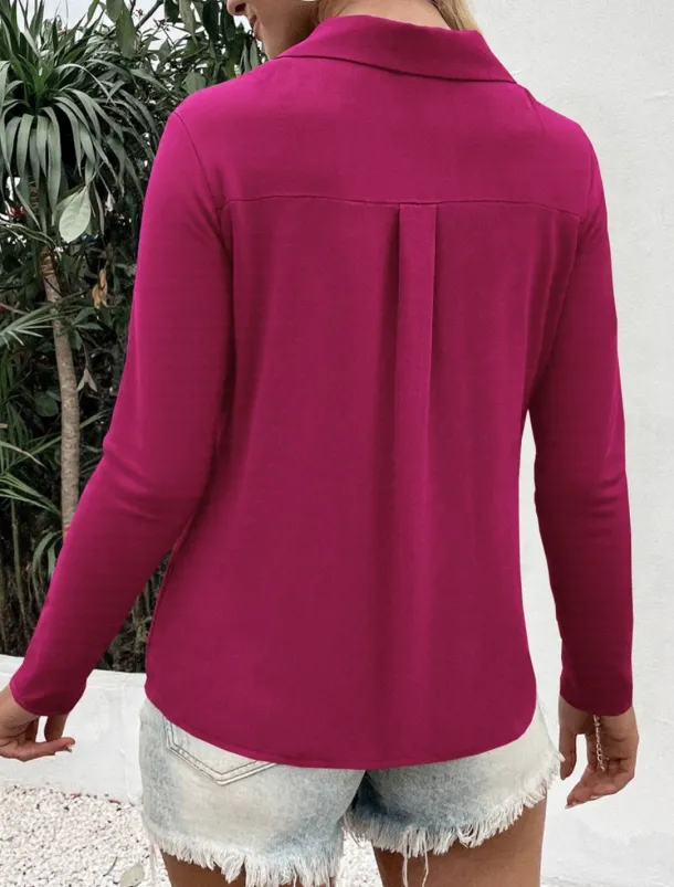 Women's Shirt Button Down Blouse Solid Color Stylish Casual Long Sleeve V Neck Regular Tops Daily Buttons Black White Blue Fuchsia Summer Spring