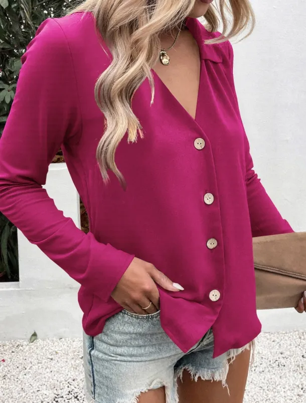 Women's Shirt Button Down Blouse Solid Color Stylish Casual Long Sleeve V Neck Regular Tops Daily Buttons Black White Blue Fuchsia Summer Spring