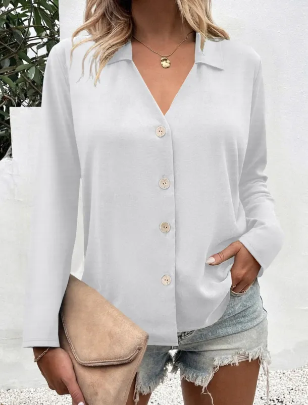 Women's Shirt Button Down Blouse Solid Color Stylish Casual Long Sleeve V Neck Regular Tops Daily Buttons Black White Blue Fuchsia Summer Spring