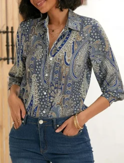 Women's Shirt Button Down Tunic Shirt Collar Long Sleeve Elegant Vintage Fashion Paisley s Print Regular Tops Casual Daily Holiday Blue Spring Fall