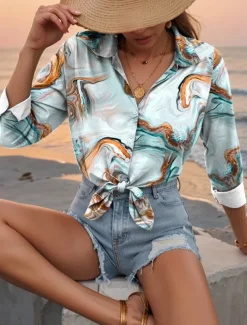 Women's Shirt Button Down Tunic Shirt Collar Long Sleeve Tie Dye Abstract Casual Regular Tops Work Daily s Print Light Blue Spring Fall Winter