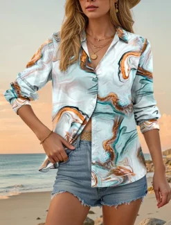 Women's Shirt Button Down Tunic Shirt Collar Long Sleeve Tie Dye Abstract Casual Regular Tops Work Daily s Print Light Blue Spring Fall Winter