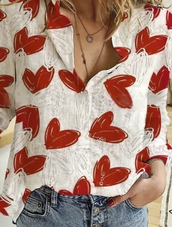 Women's Shirt Button Down Tunic Shirt Collar Long Sleeve Heart Daily Stylish Long Tops Daily Going out s Print Red Spring